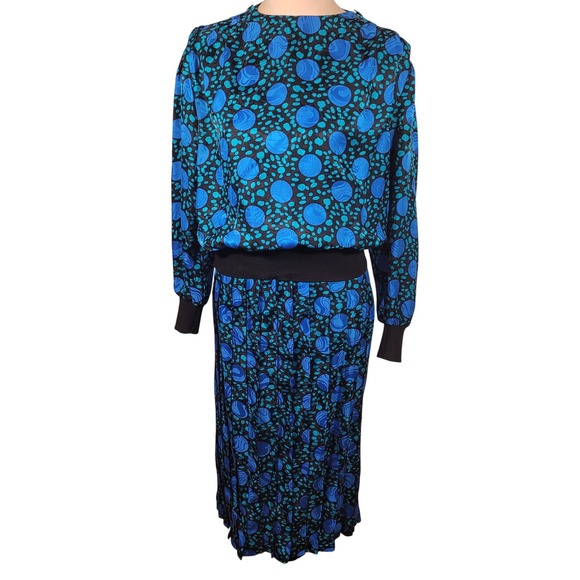 Dresses & Skirts - Vintage 80s Silk Abstract Art Skirt Set Blue Jacquard‎ M 10 Tracksuit Maximalist